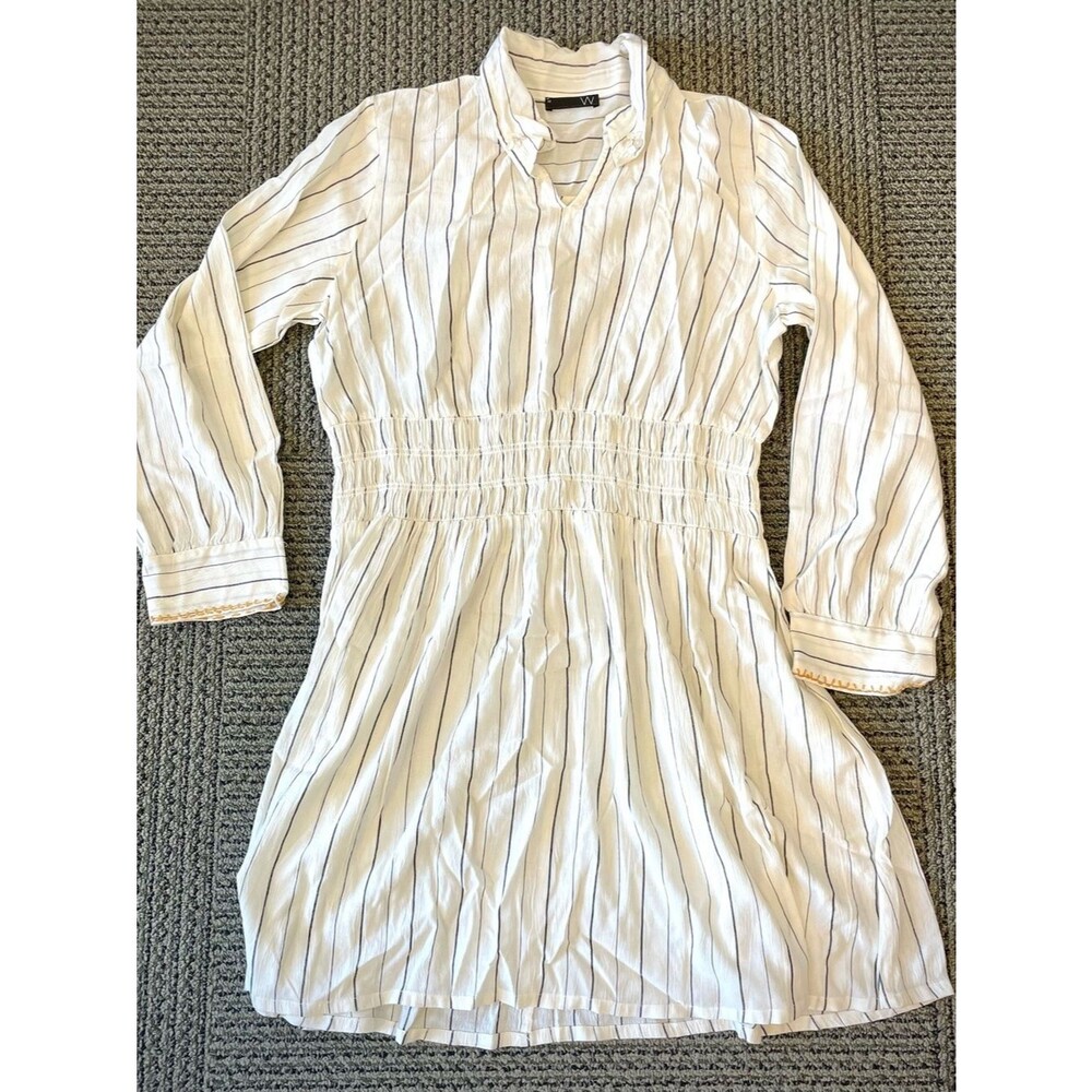 Long-Sleeve Smocked Waist Shirt Dress - White with Navy Stripes